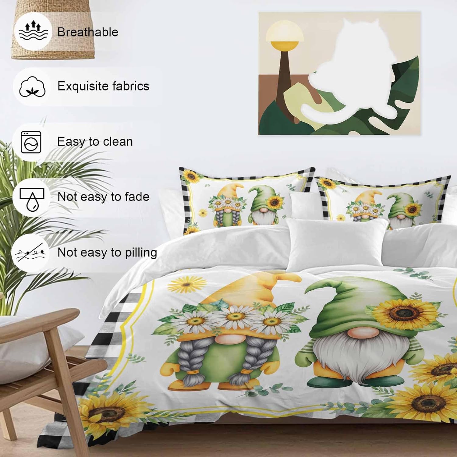 Prime Leader Summer Dwarfs Duvet Cover Set Queen Size 4 Pieces Yellow Sunflower Daisy Black Plaid Field Bedding Set with Zipper Closure, 1 Comforter Cover 90x92 Inches 1 Flat Sheet & 2 Pillow Cases