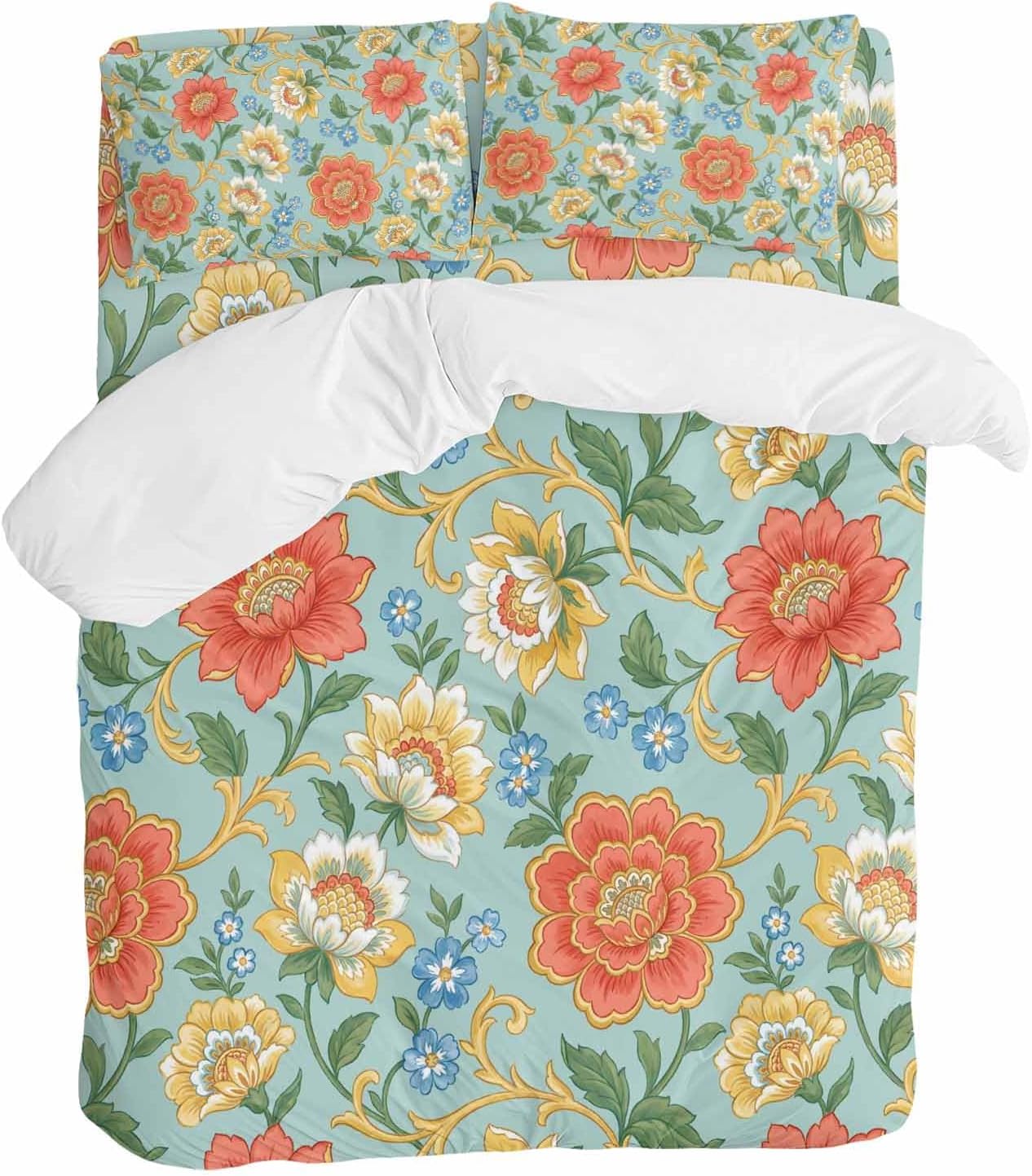 Embroidery Floral Duvet Cover Set Queen Size 4 Pieces Country Oriental Traditional Flower Red Teal Bedding Set with Zipper Closure, 1 Comforter Cover 92x106 Inches 1 Flat Sheet & 2 Pillow Cases