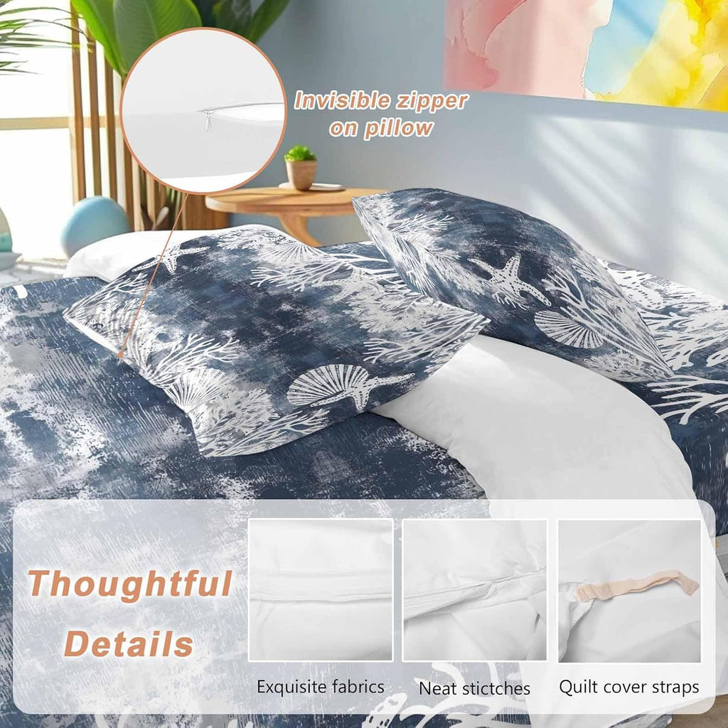 Vintage Blue Ocean Duvet Cover Set Queen Size 4 Pieces Country Nautical Coastal Sea Starfish Shell Coral Bedding Set with Zipper Closure, 1 Comforter Cover 90x92 Inches 1 Flat Sheet & 2 Pillow Cases