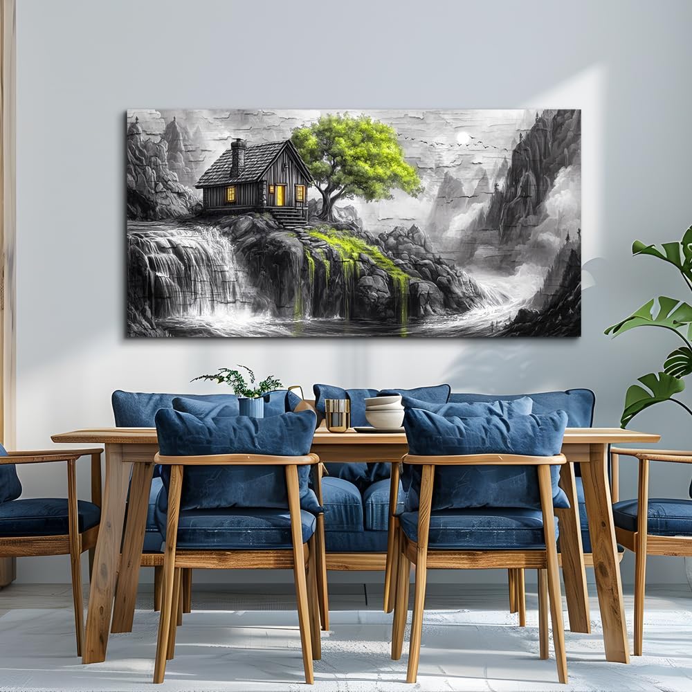 ERQINHUA Large Canvas Wall Art For Living Room Large Wall Decor For Bedroom Office Black And White Wall Painting Decor Green Tree Landscape Picture Artwork Modern Home Decor Ready To Hang 30'X60'