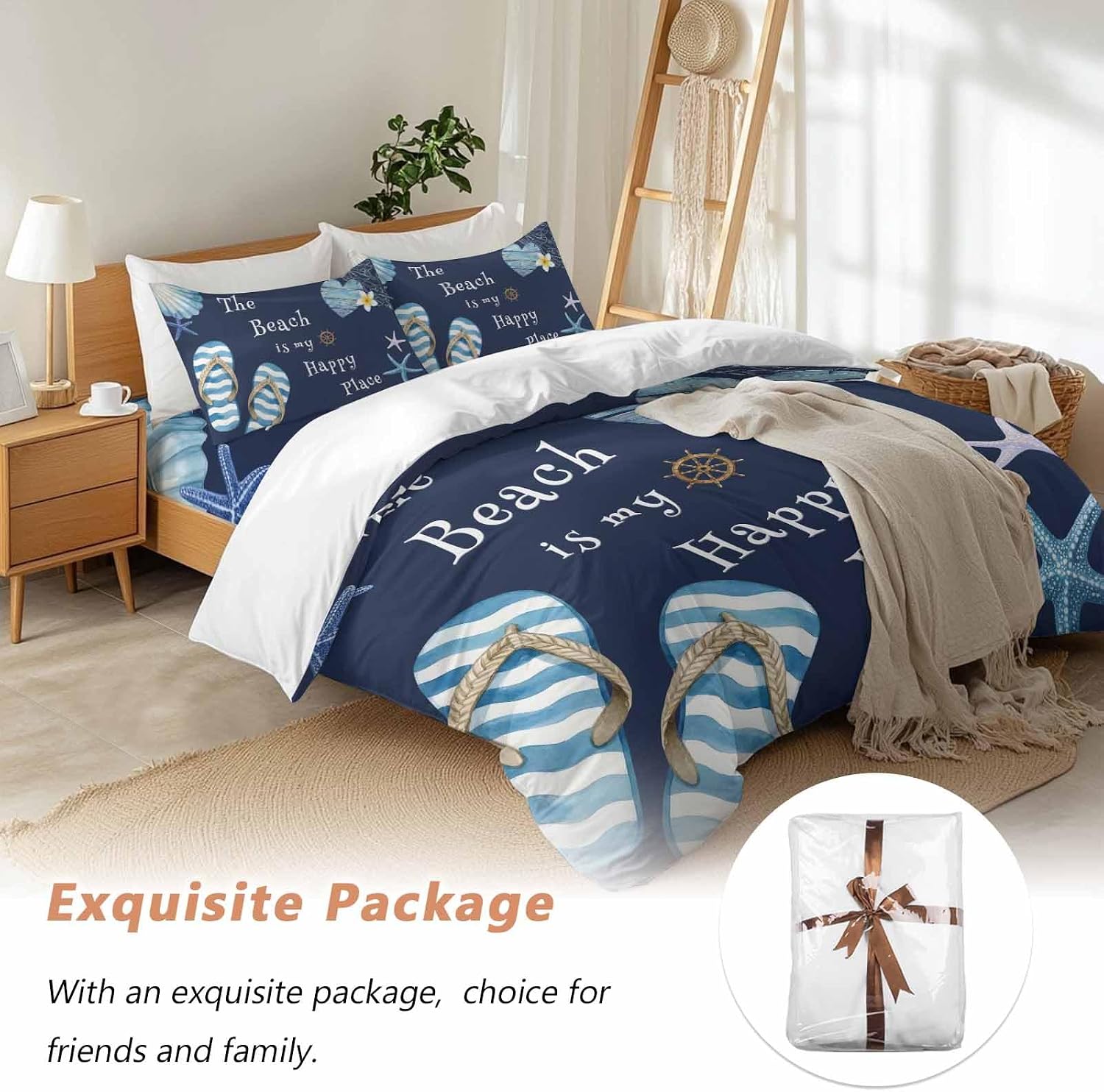 The Beach Is My Happy Place Duvet Cover Set Queen Size 4 Pieces Summer Ocean Blue Slippers Starfish Shell Bedding Set with Zipper Closure, 1 Comforter Cover 86x86 Inches 1 Flat Sheet & 2 Pillow Cases