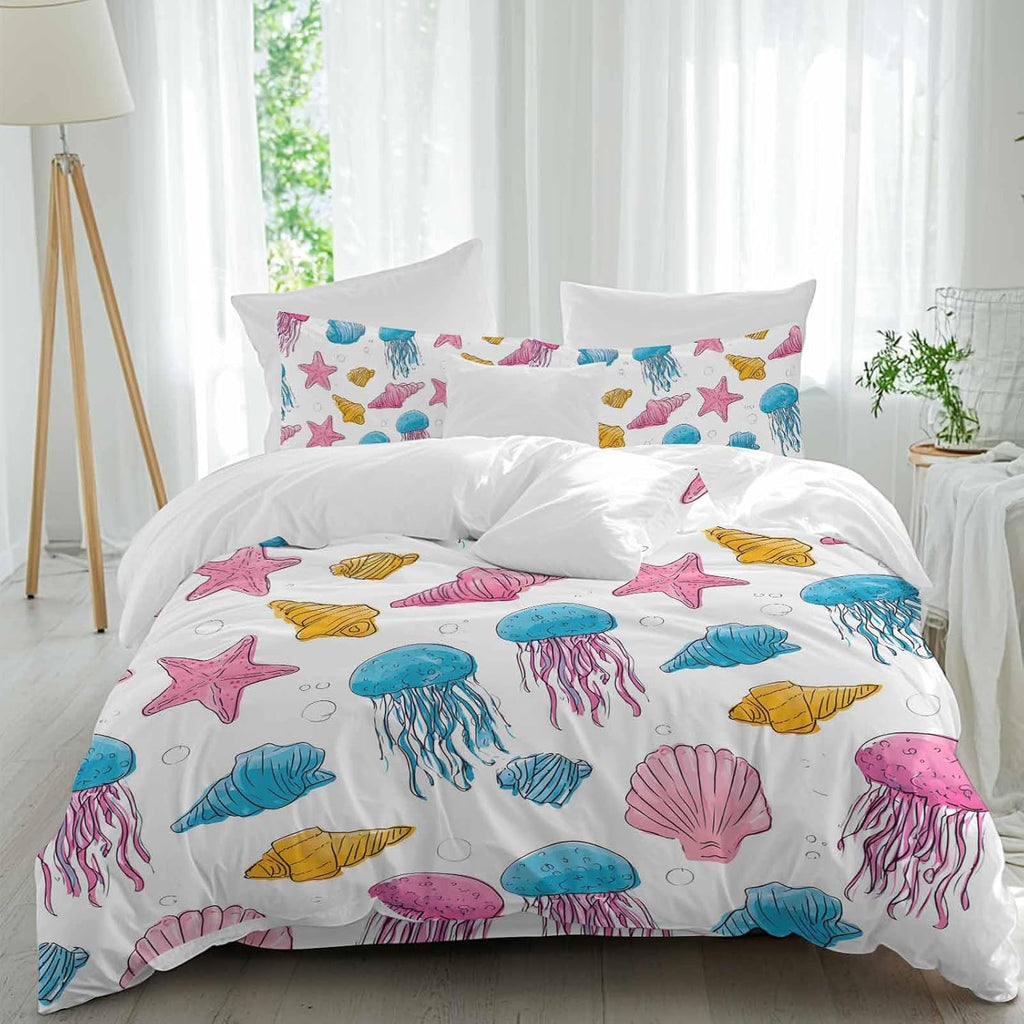 Marine Life Duvet Cover Set Queen Size 4 Pieces Nautical Ocean Pink Blue Yellow Jellyfish Starfish Shell Bedding Set with Zipper Closure, 1 Comforter Cover 90x92 Inches 1 Flat Sheet & 2 Pillow Cases