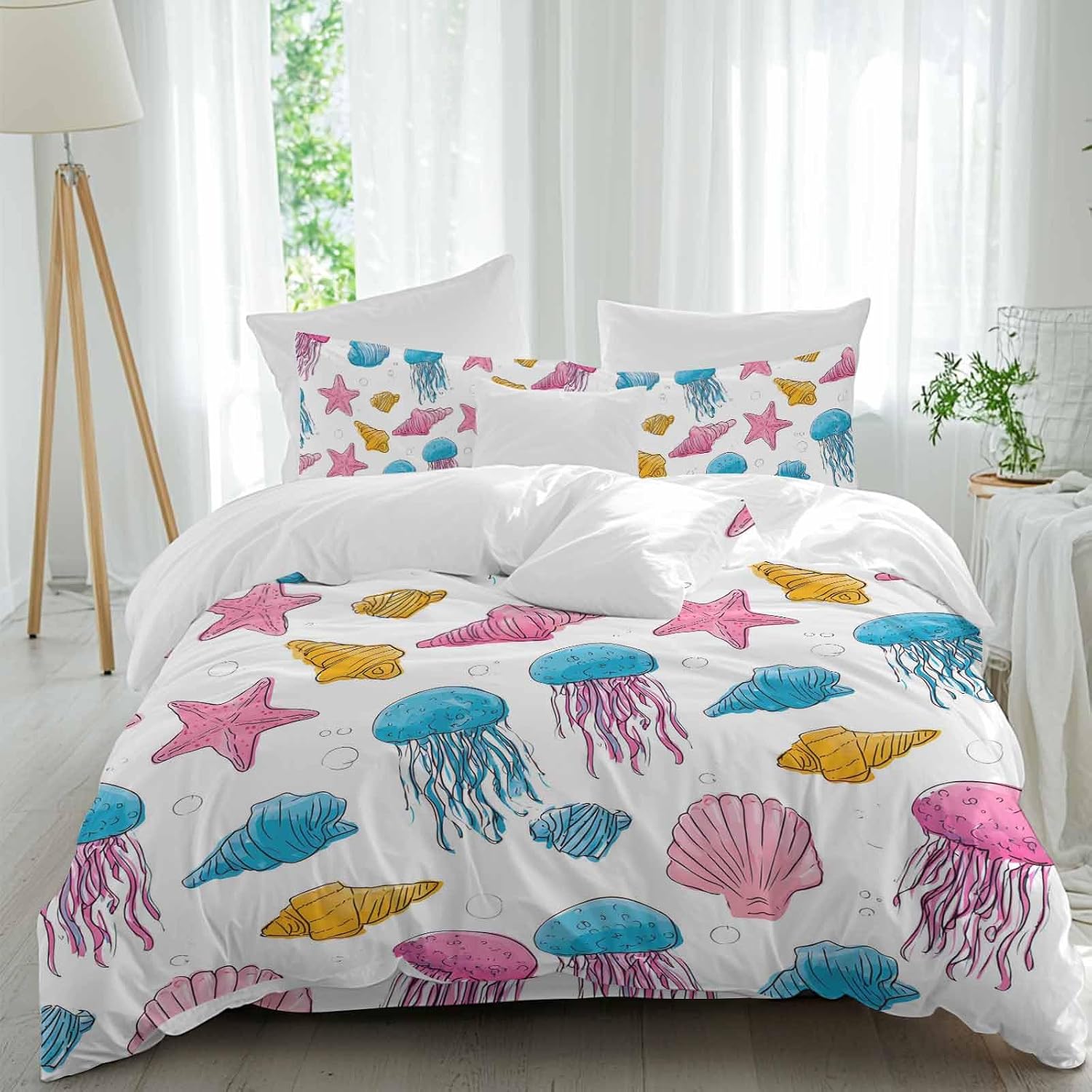 Marine Life Duvet Cover Set Queen Size 4 Pieces Nautical Ocean Pink Blue Yellow Jellyfish Starfish Shell Bedding Set with Zipper Closure, 1 Comforter Cover 90x92 Inches 1 Flat Sheet & 2 Pillow Cases