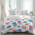 Marine Life Duvet Cover Set Queen Size 4 Pieces Nautical Ocean Pink Blue Yellow Jellyfish Starfish Shell Bedding Set with Zipper Closure, 1 Comforter Cover 86x86 Inches 1 Flat Sheet & 2 Pillow Cases