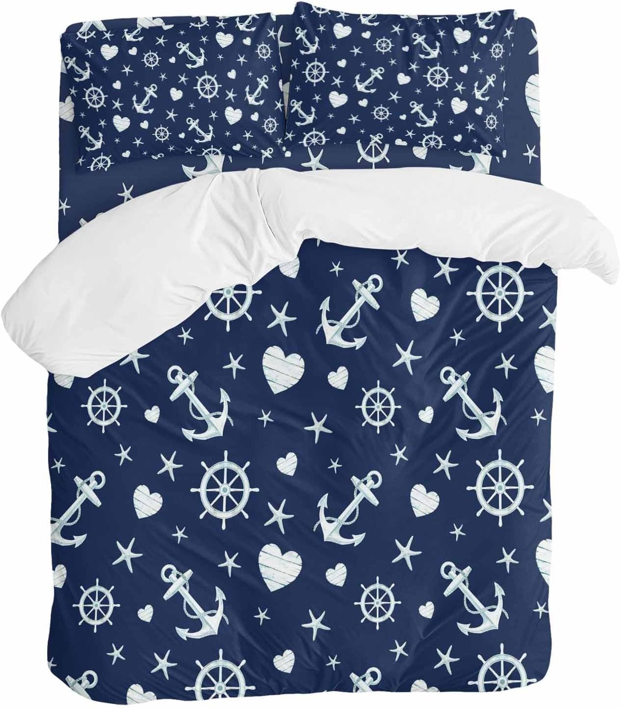 Summer Ocean Anchor Duvet Cover Set Queen Size 4 Pieces Nautical Coastal Sea Navy Blue Compass Love Heart Star Bedding Set with Zipper Closure,1 Comforter Cover 86x86 Inch 1 Flat Sheet&2 Pillow Cases