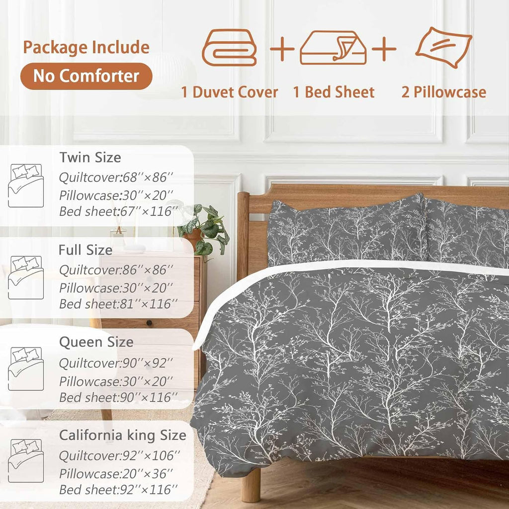 Dark Grey Duvet Cover Set Queen Size 4 Pieces White Tree Branch Botanical Abstract Plant Leaves Bedding Set with Zipper Closure, 1 Comforter Cover 90x92 Inches 1 Flat Sheet & 2 Pillow Cases
