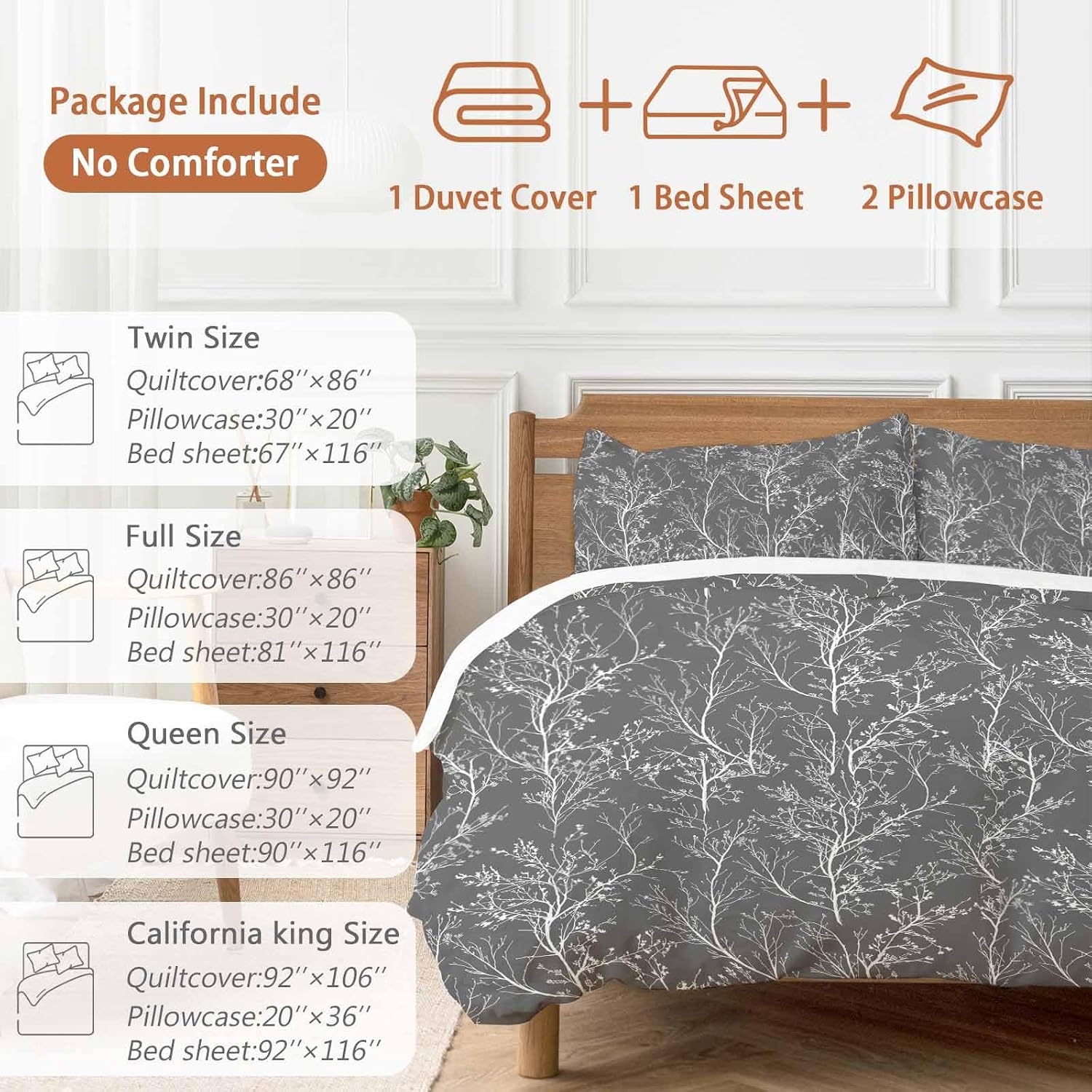 Dark Grey Duvet Cover Set Queen Size 4 Pieces White Tree Branch Botanical Abstract Plant Leaves Bedding Set with Zipper Closure, 1 Comforter Cover 90x92 Inches 1 Flat Sheet & 2 Pillow Cases