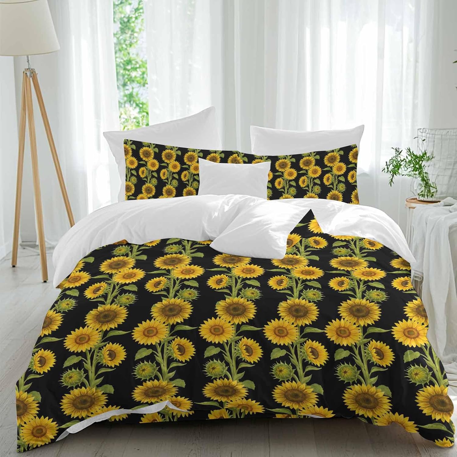 Prime Leader Retro Sunflowers Duvet Cover Set Queen Size 4 Pieces Summer Yellow Floral Black Background Bedding Set with Zipper Closure, 1 Comforter Cover 86x86 Inches 1 Flat Sheet & 2 Pillow Cases
