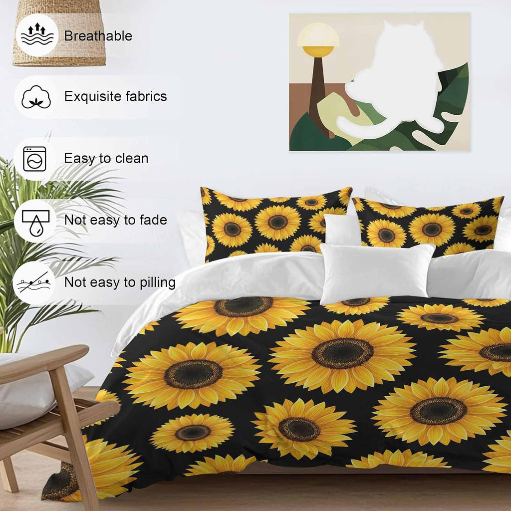 Yellow Sunflowers Duvet Cover Set Queen Size 4 Pieces Black Background Abstract Vintage Floral Bedding Set with Zipper Closure, 1 Comforter Cover 92x106 Inches 1 Flat Sheet & 2 Pillow Cases