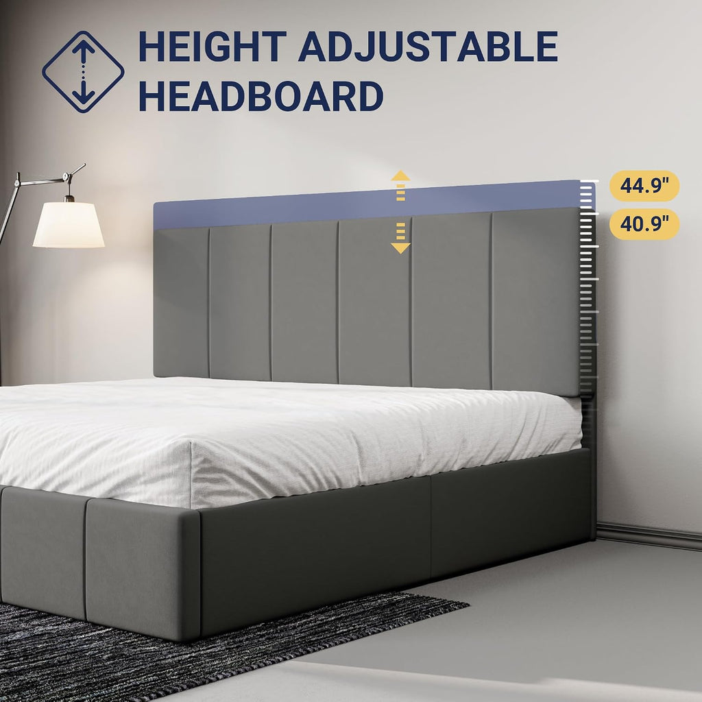 Allewie King Size Dutch Velvet Upholstered Platform Bed Frame/Vertical Channel Tufted Adjustable Headboard/Low Profile Bed Frame/No Box Spring Needed/Easy Assembly/Grey