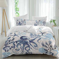 Summer Marine Life Duvet Cover Set Queen Size 4 Pieces Ocean Watercolor Octopus Starfish Coastal Vintage Bedding Set with Zipper Closure, 1 Comforter Cover 92x106 Inches 1 Flat Sheet & 2 Pillow Cases