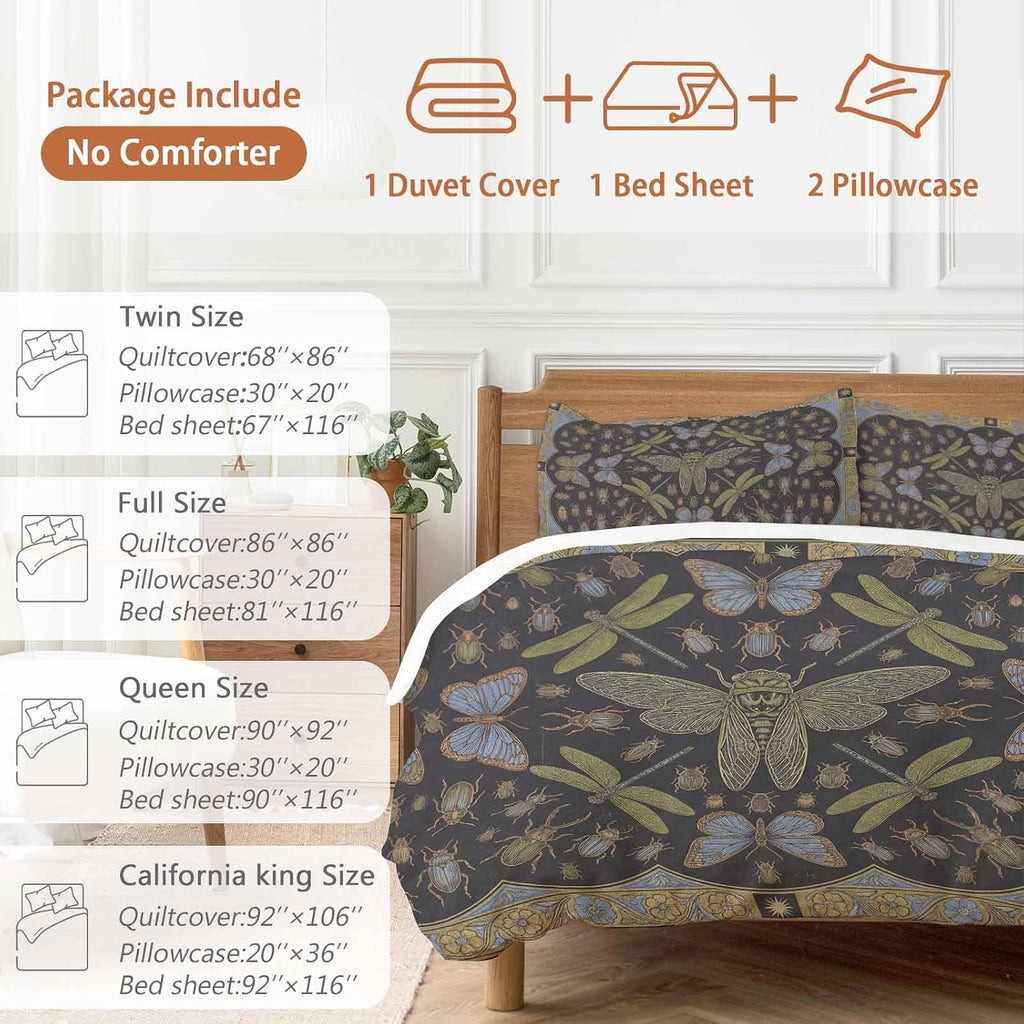 Retro Animal Duvet Cover Set Queen Size 4 Pieces Gold Dragonfly Butterfly Geometric Floral Black Bedding Set with Zipper Closure, 1 Comforter Cover 90x92 Inches 1 Flat Sheet & 2 Pillow Cases
