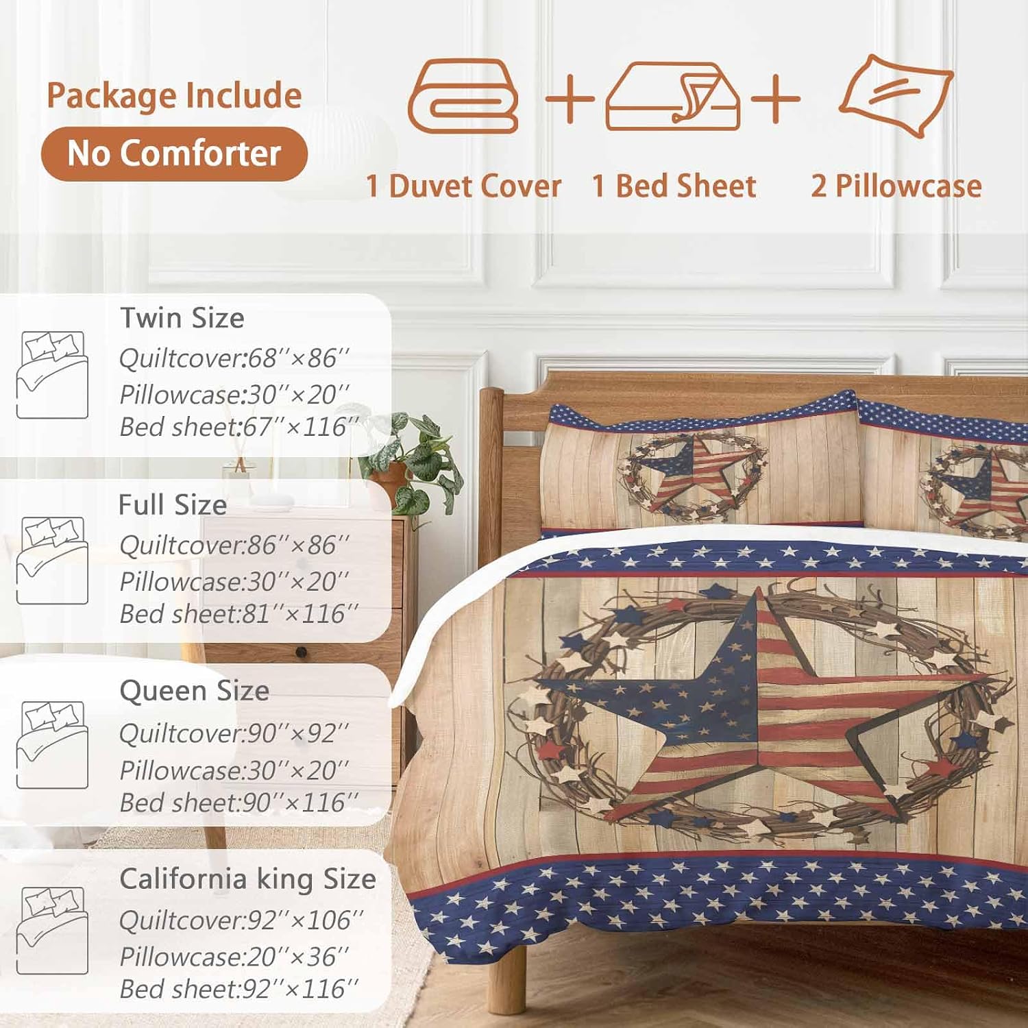 Prime Leader Independence Day Duvet Cover Set Queen Size 4 Pieces Vintage Stars Stripes Wood Grain Bedding Set with Zipper Closure, 1 Comforter Cover 92x106 Inches 1 Flat Sheet & 2 Pillow Cases