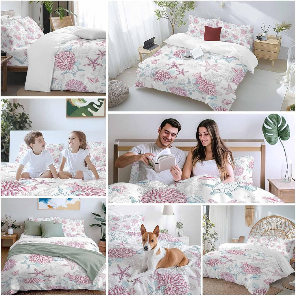 Summer Marine Life Duvet Cover Set Queen Size 4 Pieces Ocean Starfish Coral Coastal Sea Turtle Pink Bedding Set with Zipper Closure, 1 Comforter Cover 90x92 Inches 1 Flat Sheet & 2 Pillow Cases