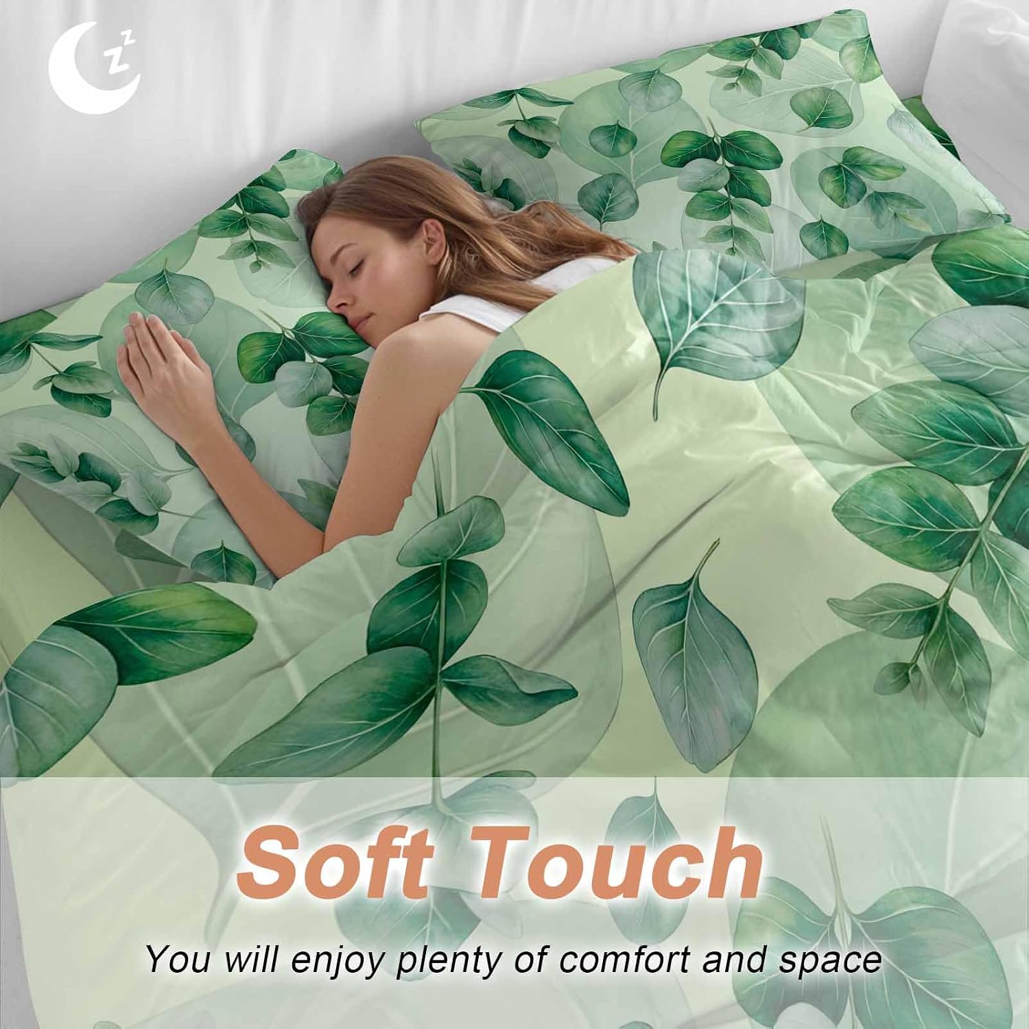 Green Leaf Duvet Cover Set Queen Size 4 Pieces Summer Green Eucalyptus Leaves Plants Farmhouse Bedding Set with Zipper Closure, 1 Comforter Cover 86x86 Inches 1 Flat Sheet & 2 Pillow Cases