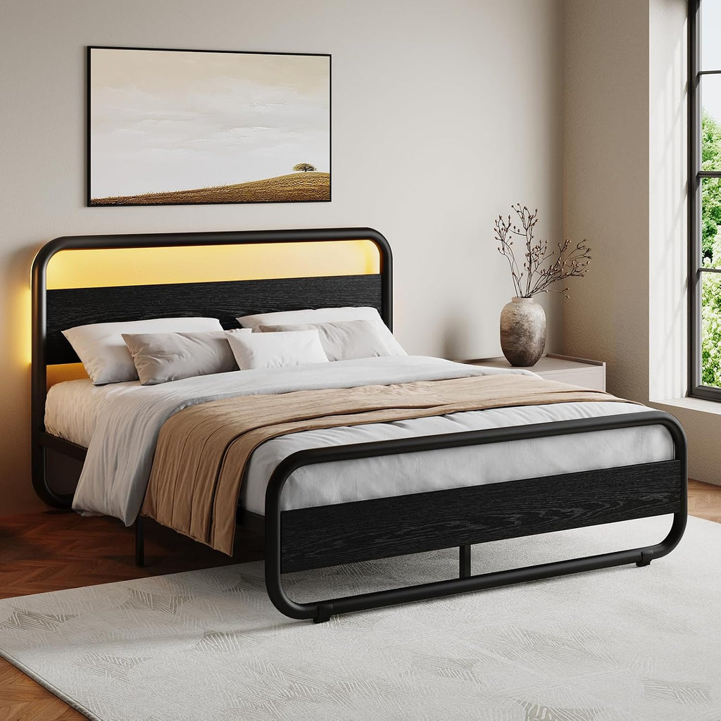 Catrimown King Size Bed Frame, Heavy Duty Metal Rustic King Platform Bed Frame with Wood Headboard, Under Bed Storage, Noise Free, No Box Spring Needed, Black