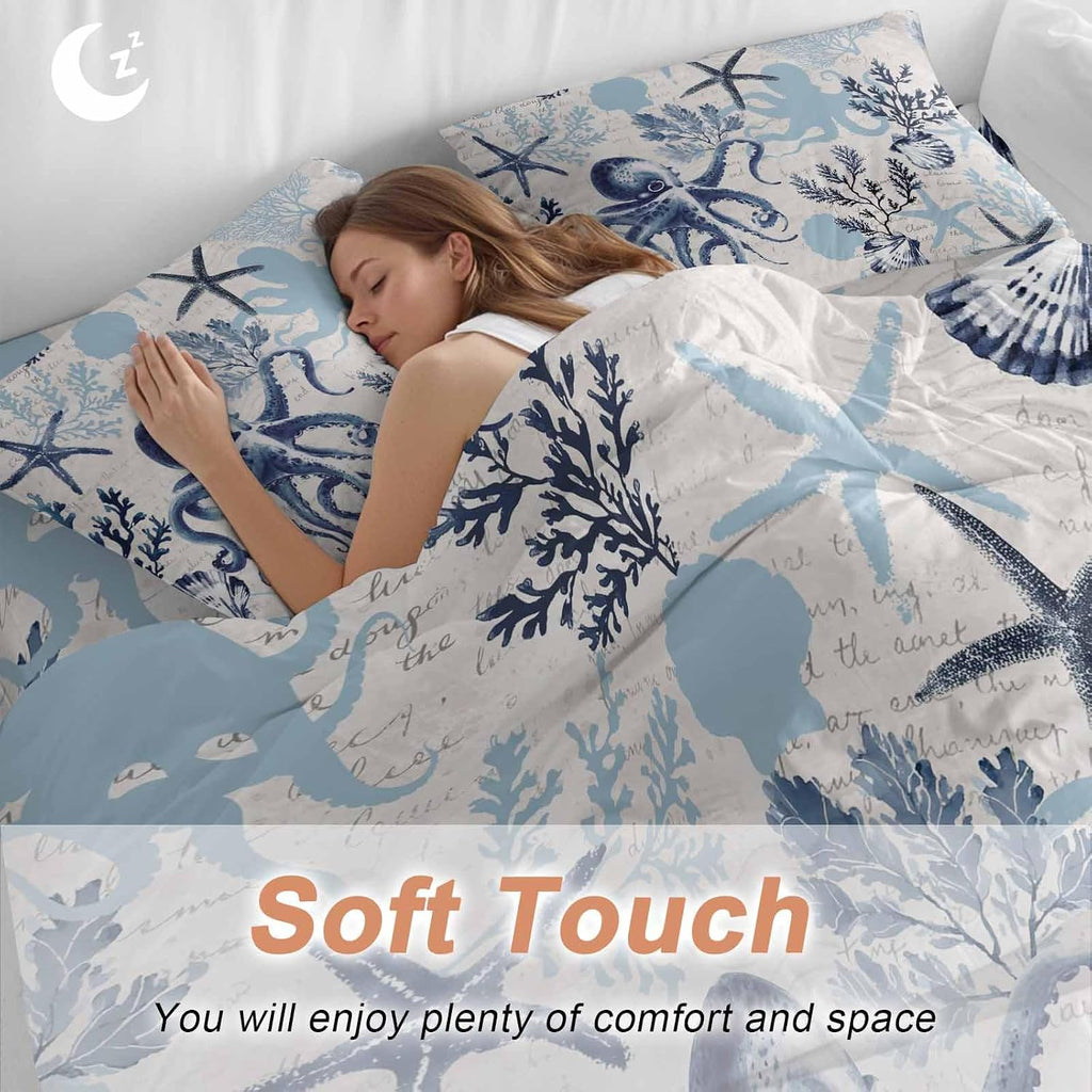 Summer Marine Life Duvet Cover Set Queen Size 4 Pieces Ocean Watercolor Octopus Starfish Coastal Vintage Bedding Set with Zipper Closure, 1 Comforter Cover 92x106 Inches 1 Flat Sheet & 2 Pillow Cases