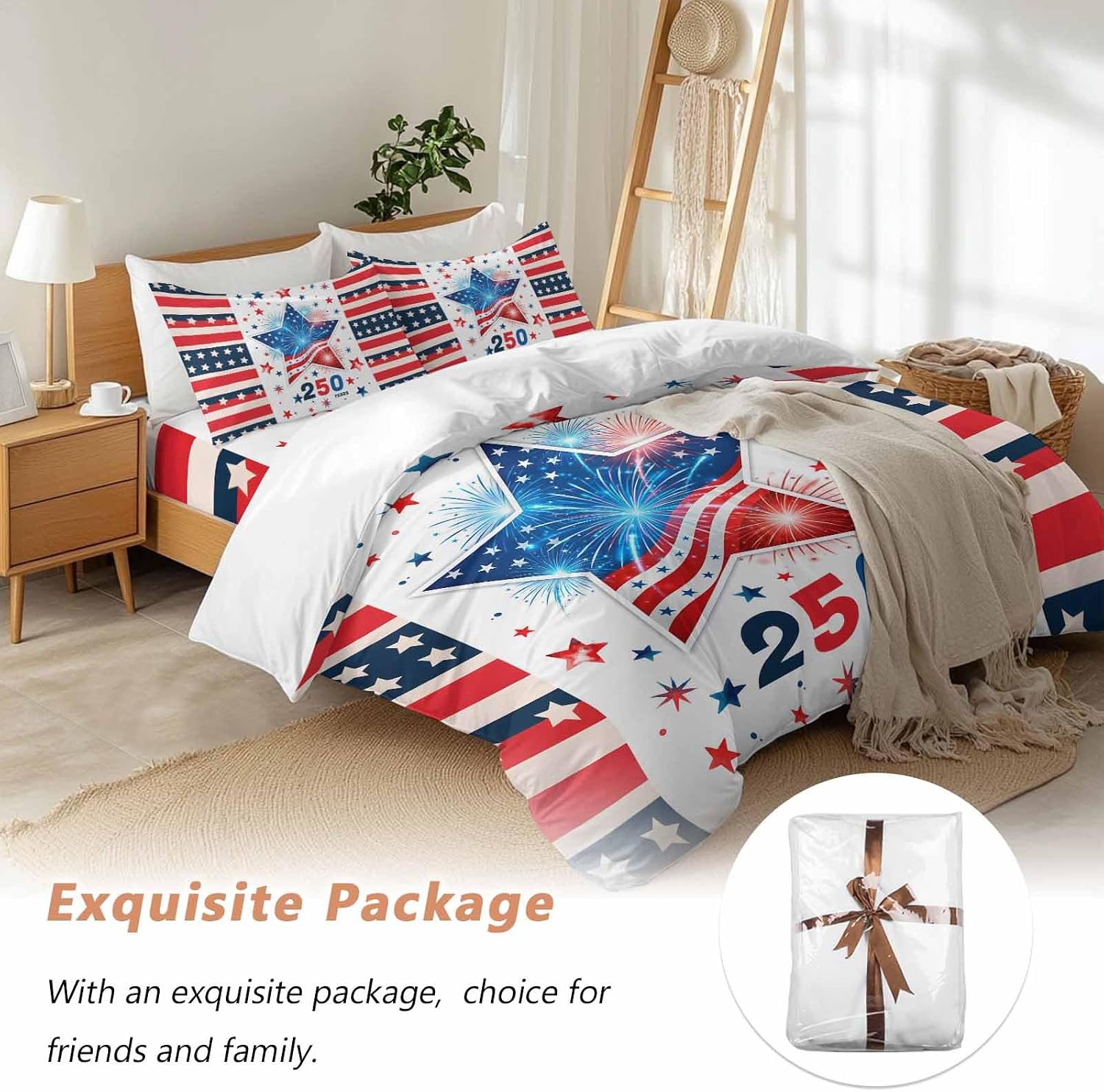 Independence Day Duvet Cover Set Queen Size 4 Pieces 250th Years US Flag Red Blue Star Fireworks Bedding Set with Zipper Closure, 1 Comforter Cover 90x92 Inches 1 Flat Sheet & 2 Pillow Cases