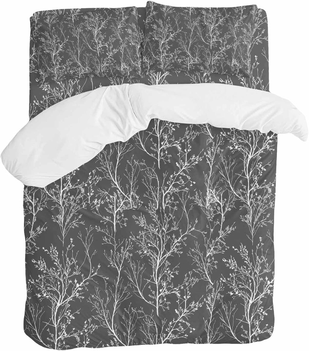 Dark Grey Duvet Cover Set Queen Size 4 Pieces White Tree Branch Botanical Abstract Plant Leaves Bedding Set with Zipper Closure, 1 Comforter Cover 90x92 Inches 1 Flat Sheet & 2 Pillow Cases
