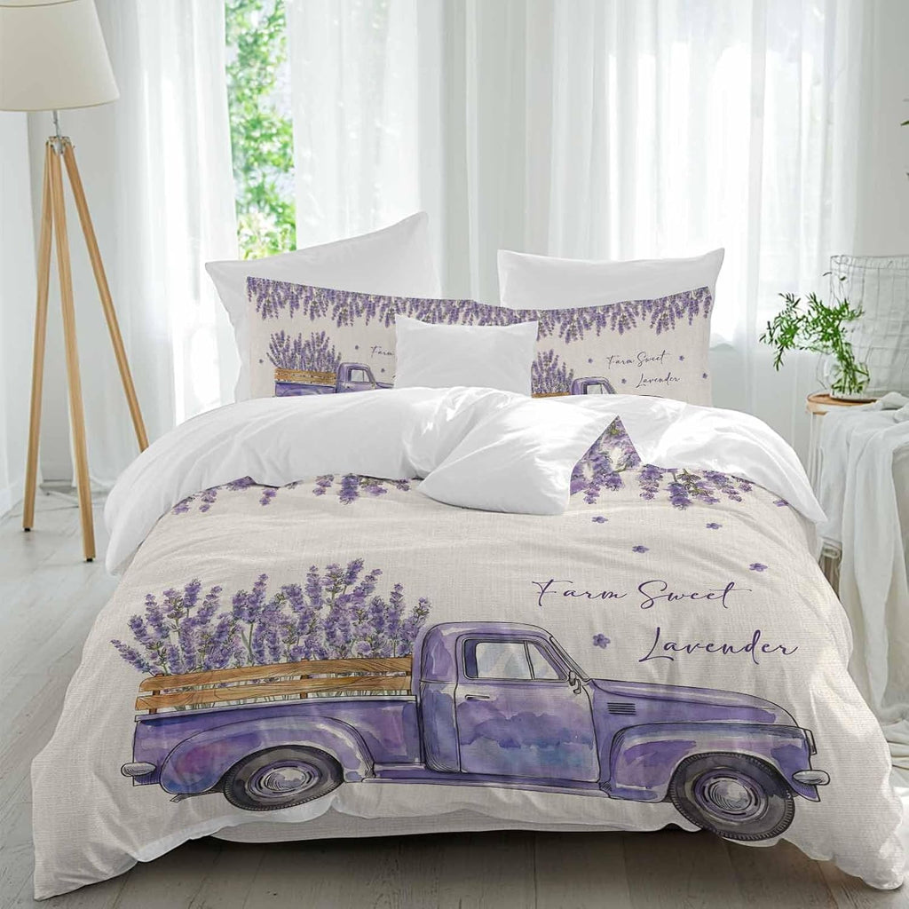 Purple Floral Duvet Cover Set Queen Size 4 Pieces Farm Sweet Lavender Truck Rustic Linen Texture Bedding Set with Zipper Closure, 1 Comforter Cover 86x86 Inches 1 Flat Sheet & 2 Pillow Cases