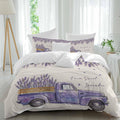 Purple Floral Duvet Cover Set Queen Size 4 Pieces Farm Sweet Lavender Truck Rustic Linen Texture Bedding Set with Zipper Closure, 1 Comforter Cover 86x86 Inches 1 Flat Sheet & 2 Pillow Cases