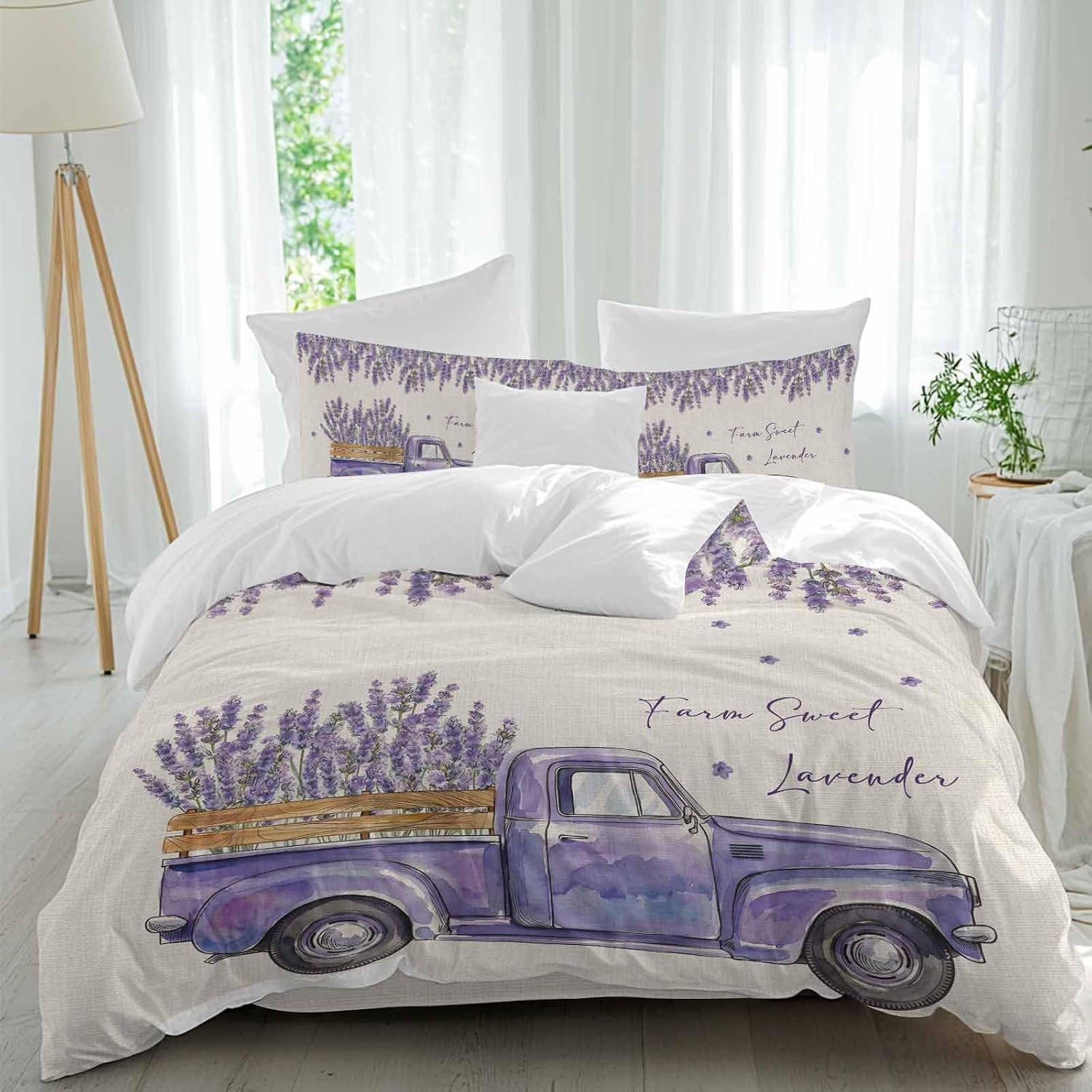 Purple Floral Duvet Cover Set Queen Size 4 Pieces Farm Sweet Lavender Truck Rustic Linen Texture Bedding Set with Zipper Closure, 1 Comforter Cover 86x86 Inches 1 Flat Sheet & 2 Pillow Cases