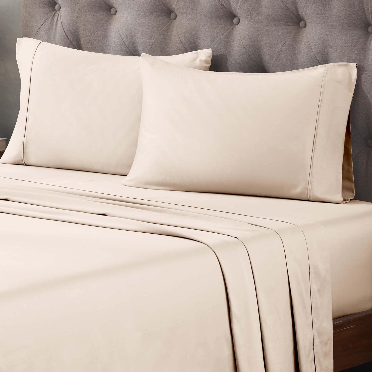 Superior Egyptian Cotton 400 Thread Count Bed Sheet Set, 1 Elastic Deep Pocket Fitted Sheet, 1 Flat Sheet, 2 Pillowcases, Soft Bedding, Luxury Sheets, Sateen Weave, Queen Size, Ivory