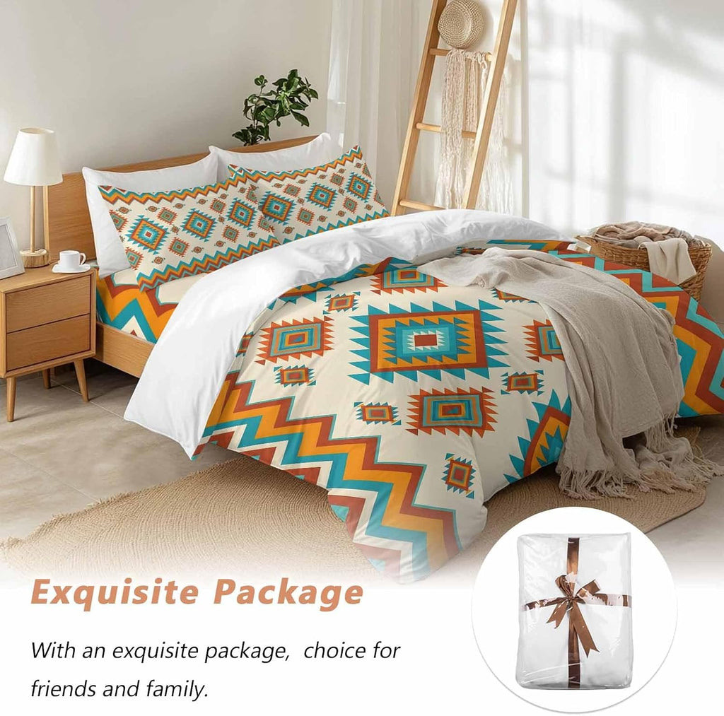 Bohemia Geometric Duvet Cover Set Queen Size 4 Pieces Western Teal Orange Beige Aztec Ethnic Bedding Set with Zipper Closure, 1 Comforter Cover 92x106 Inches 1 Flat Sheet & 2 Pillow Cases