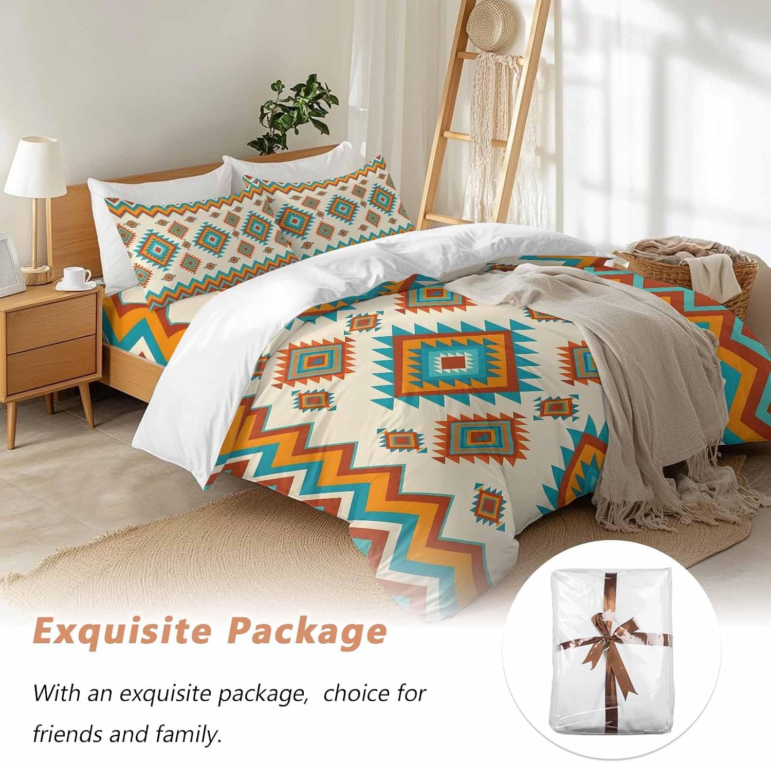 Bohemia Geometric Duvet Cover Set Queen Size 4 Pieces Western Teal Orange Beige Aztec Ethnic Bedding Set with Zipper Closure, 1 Comforter Cover 92x106 Inches 1 Flat Sheet & 2 Pillow Cases