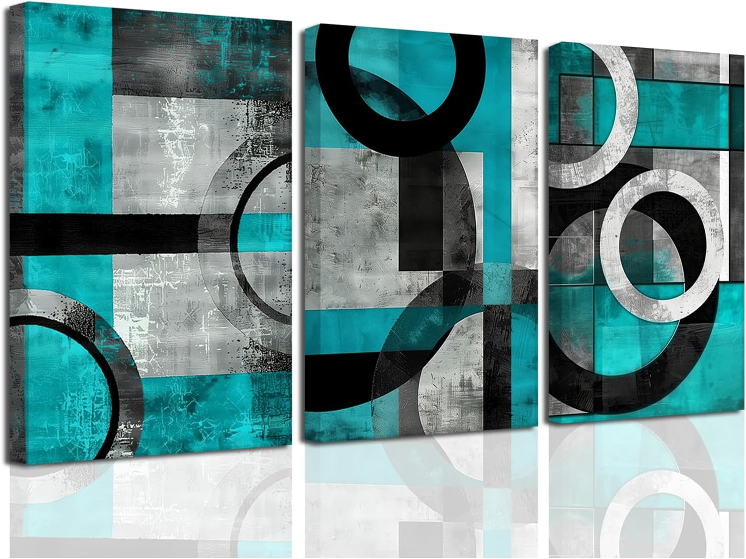 SWQYLB Teal Abstract Wall Art Blue and Gray Canvas Print 3 Pieces Abstract Geometric Circle Black Gray Painting for Home Office Decor Framed (Teal, 24.00' x 36.00' x 3PCS)