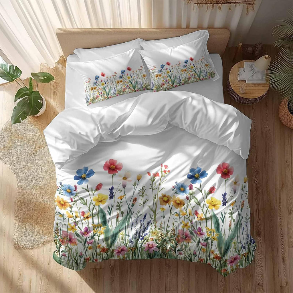 Spring Summer Duvet Cover Set Queen Size 4 Pieces Colorful Wildflower Leaves Sage Green Leaf Bedding Set with Zipper Closure, 1 Comforter Cover 92x106 Inches 1 Flat Sheet & 2 Pillow Cases