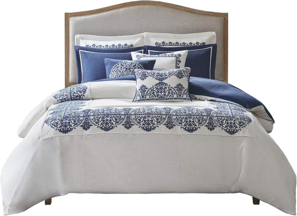 Madison Park Signature Cozy Comforter Set - All Season Bedding Combo Filled Insert and Removable Duvet Cover, Shams, Decorative Pillows, Queen (92 in x 96 in), Bohemian Blue 9 Piece