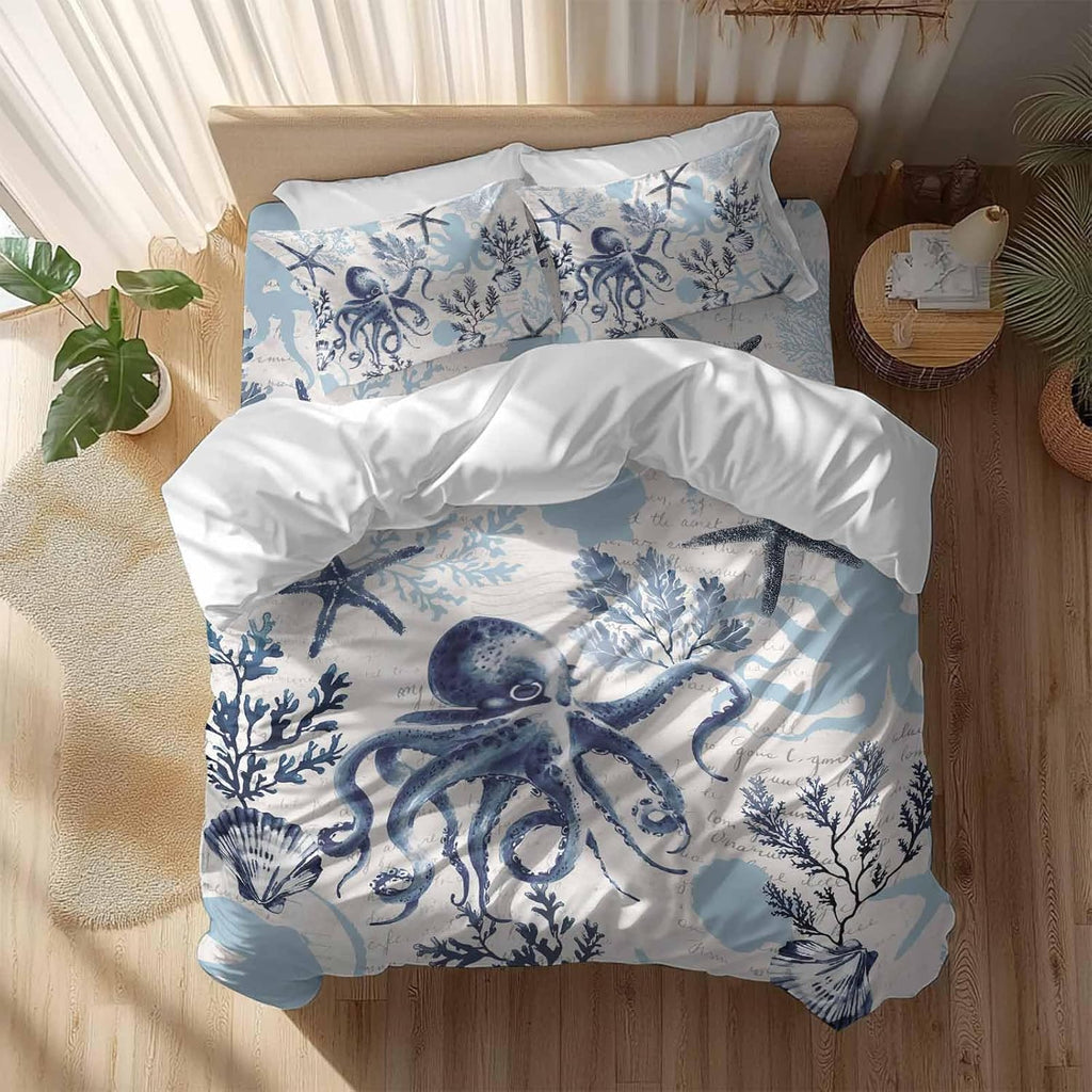Summer Marine Life Duvet Cover Set Queen Size 4 Pieces Ocean Watercolor Octopus Starfish Coastal Vintage Bedding Set with Zipper Closure, 1 Comforter Cover 92x106 Inches 1 Flat Sheet & 2 Pillow Cases