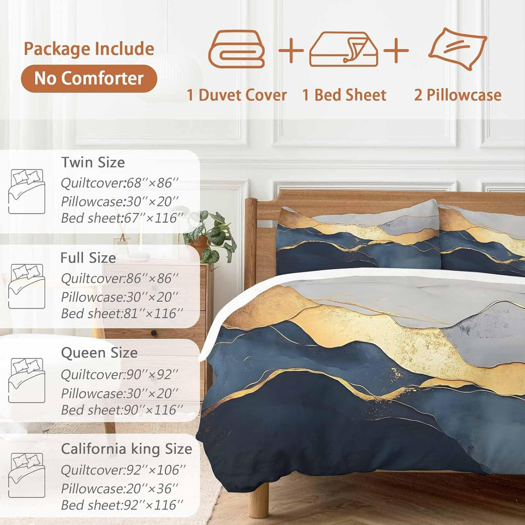 Prime Leader Abstract Impressionist Style Duvet Cover Set Queen Size 4 Pieces Gold Navy Blue Color Block Bedding Set with Zipper Closure, 1 Comforter Cover 92x106 Inches 1 Flat Sheet & 2 Pillow Cases