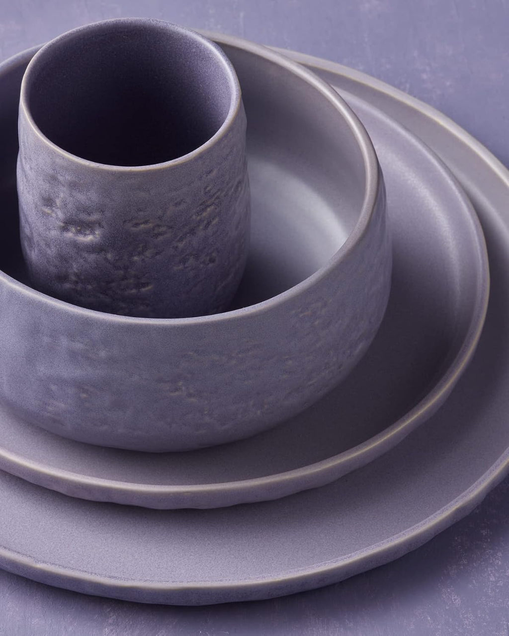 Stone by Mercer Project SHOSAI 16-Piece Stoneware Dinnerware Set, Plates and Bowls Set, Modern Dishware set fo 4, Lavender