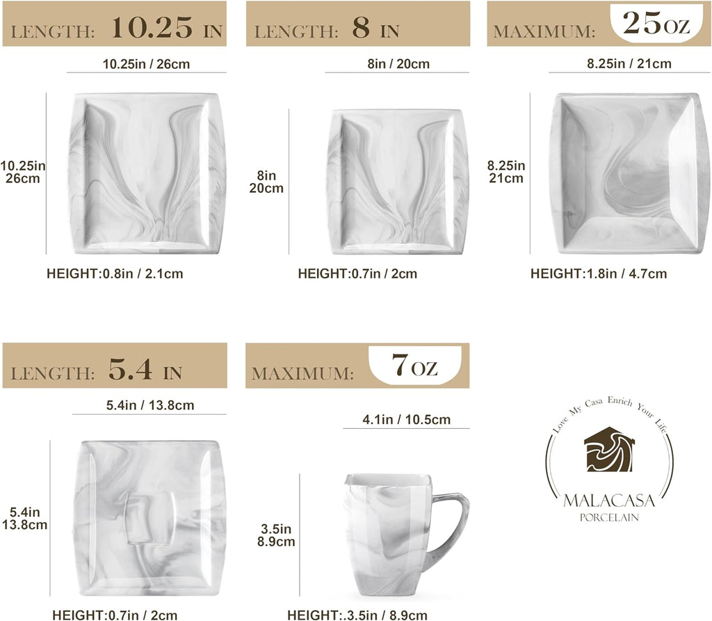 MALACASA Dinnerware Sets, 30 Piece Porcelain Plates and Bowls Sets for 6, Square Dish Set with Dinner Plates Set, Cup and Saucer, Modern Dishware Dishes Microwave Safe, Marble Grey, Series Blance