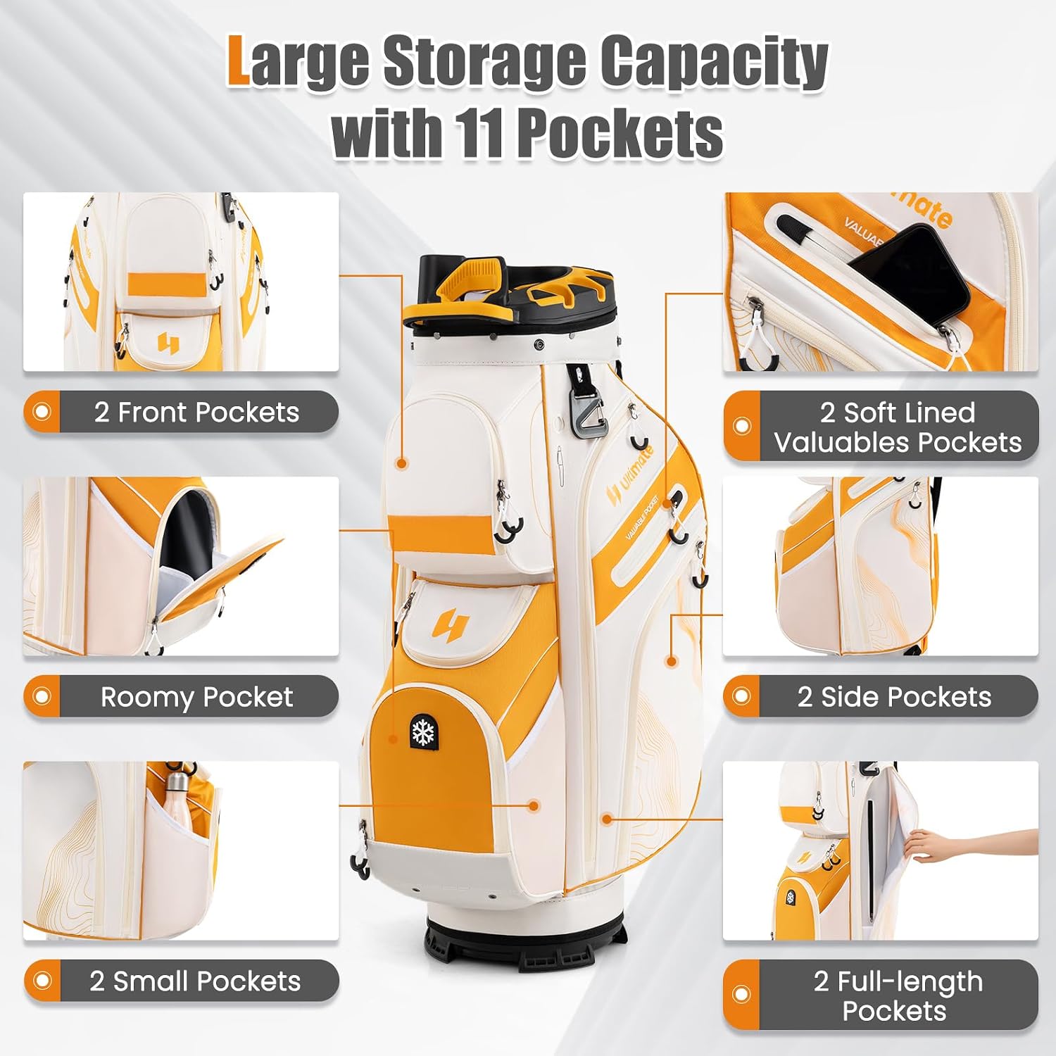ULTIMATE 14-Way Golf Cart Bag, Golf Bag w/Molded Lock Top & Full Length Dividers, Portable Golf Club Bag w/11 Pockets, Cooler Bag, Padded Strap & Rain Hood for Men Women