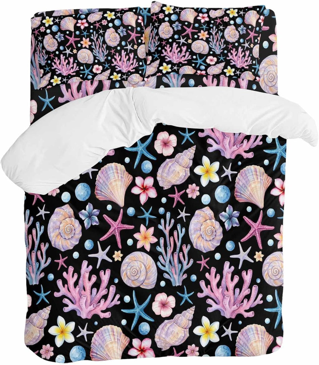 Summer Beach Duvet Cover Set Queen Size 4 Pieces Ocean Starfish Shell Coastal Conch Coral Flowers Black Bedding Set with Zipper Closure, 1 Comforter Cover 90x92 Inches 1 Flat Sheet & 2 Pillow Cases