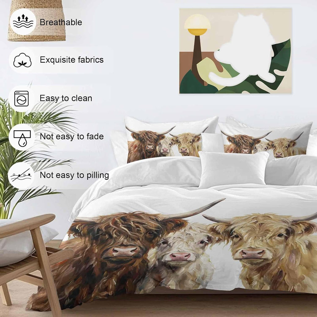 Farm Highland Cattles Duvet Cover Set Queen Size 4 Pieces Farmhouse Brown Cow Rustic Country Bedding Set with Zipper Closure, 1 Comforter Cover 92x106 Inches 1 Flat Sheet & 2 Pillow Cases