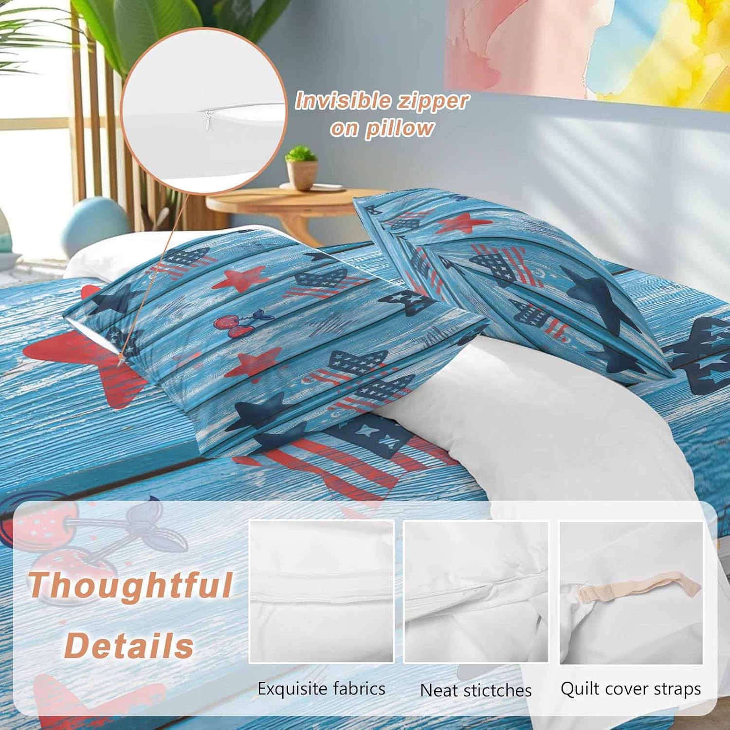 Independence Day Duvet Cover Set Queen Size 4 Pieces Graffiti Five-Pointed Star Blue Wood Grain Bedding Set with Zipper Closure, 1 Comforter Cover 90x92 Inches 1 Flat Sheet & 2 Pillow Cases
