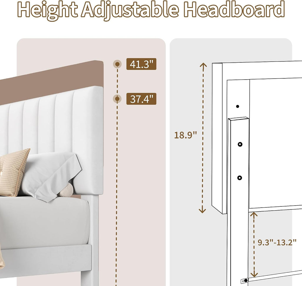 IDEALHOUSE White Bed Frame Full Size, Velvet Upholstered Platform Bed Frame with Adjustable Headboard (39.4–43.3'), Fits 8–12' Mattress, Noise-Free, No Box Spring Needed, Easy Assembly