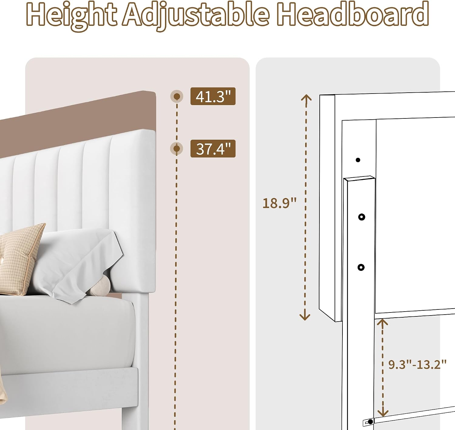 IDEALHOUSE White Bed Frame Full Size, Velvet Upholstered Platform Bed Frame with Adjustable Headboard (39.4–43.3'), Fits 8–12' Mattress, Noise-Free, No Box Spring Needed, Easy Assembly