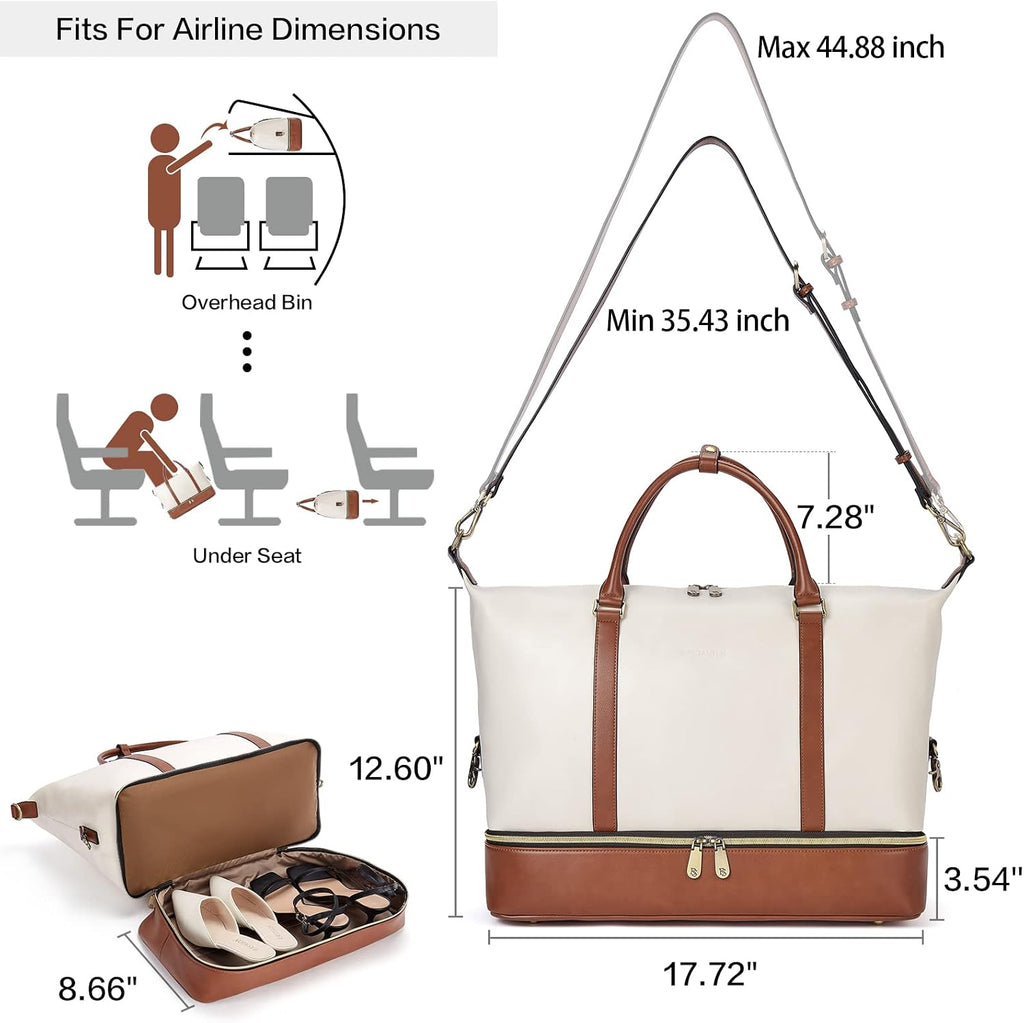 BOSTANTEN Weekender Bags for Women Leather Travel Duffle Bag Carry On Overnight Duffel with Shoe Compartment, Beige&Brown