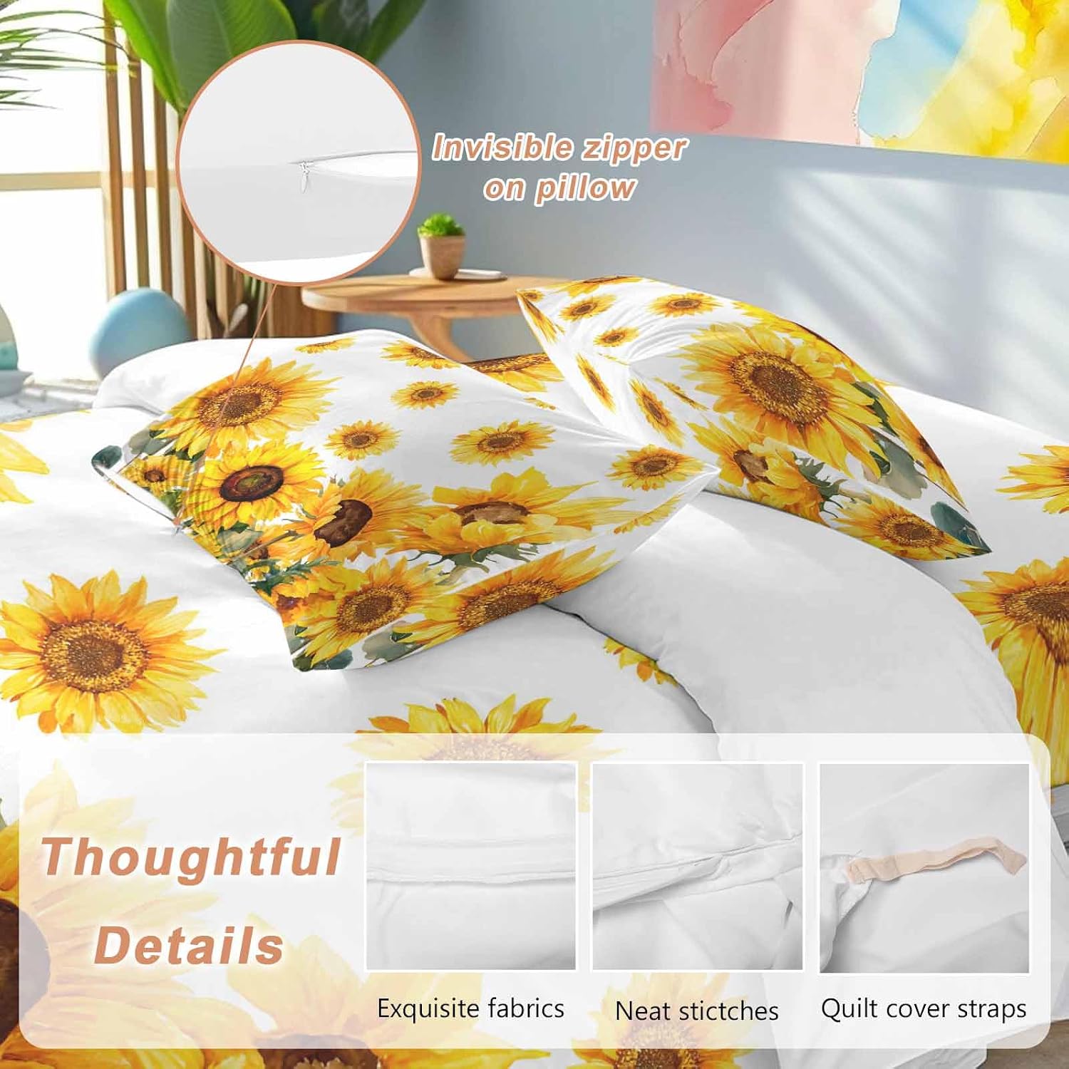 Prime Leader Summer Sunflower Duvet Cover Set Queen Size 4 Pieces Watercolor Flowers Farmhouse Bedding Set with Zipper Closure, 1 Comforter Cover 92x106 Inches 1 Flat Sheet & 2 Pillow Cases