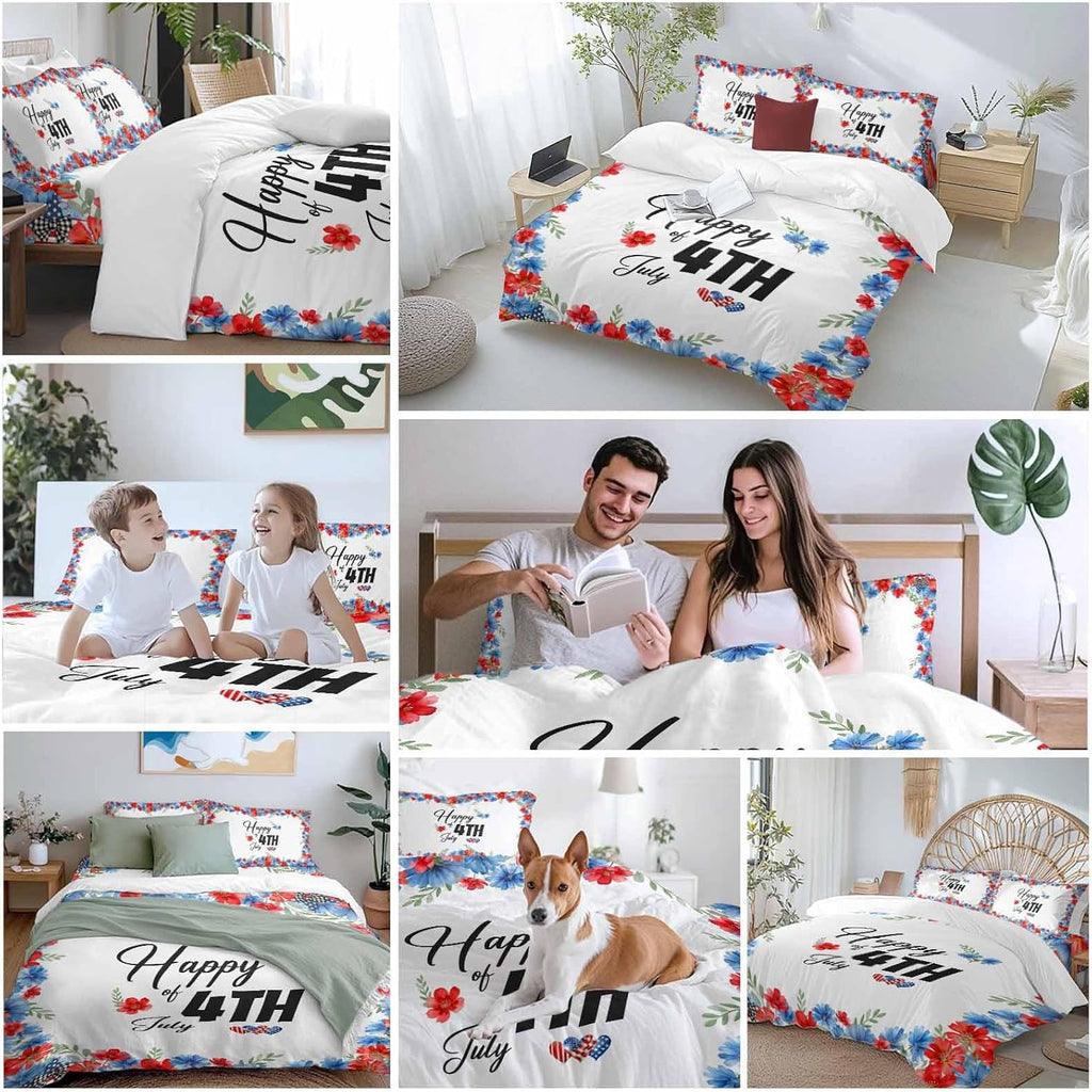 Prime Leader Happy of 4th July Duvet Cover Set Queen Size 4 Pieces Rustic Red Blue Floral Heart Bedding Set with Zipper Closure, 1 Comforter Cover 92x106 Inches 1 Flat Sheet & 2 Pillow Cases
