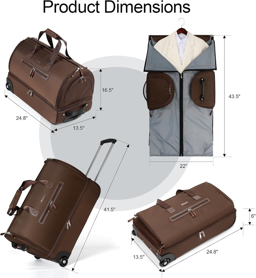 Modoker Convertible Rolling Garment Bag for Travel, Suit Travel Bag with Trolley, Garment Duffel Bag with Wheels & Shoes Compartment for Business Trip, Weekender - Brown