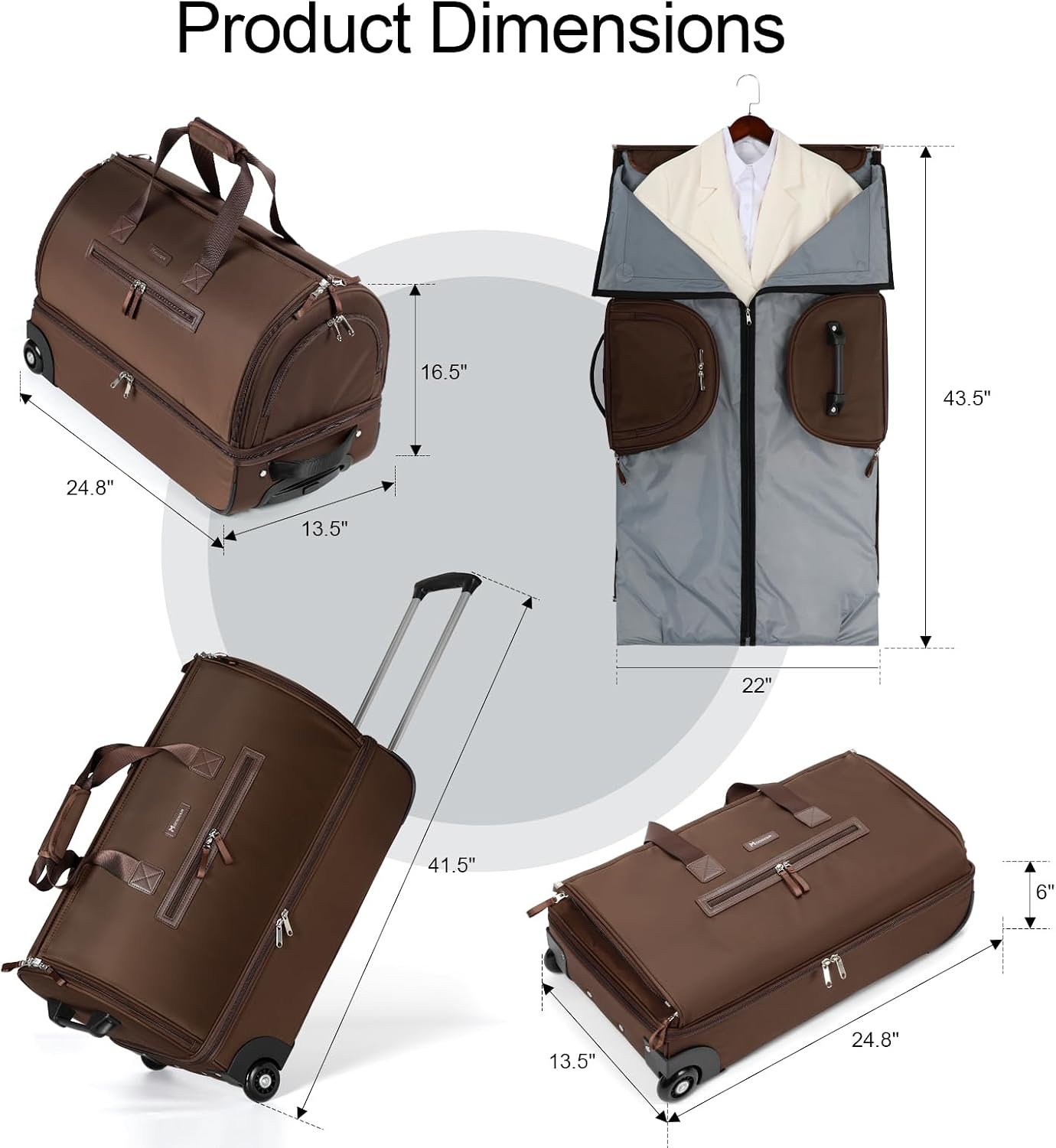 Modoker Convertible Rolling Garment Bag for Travel, Suit Travel Bag with Trolley, Garment Duffel Bag with Wheels & Shoes Compartment for Business Trip, Weekender - Brown