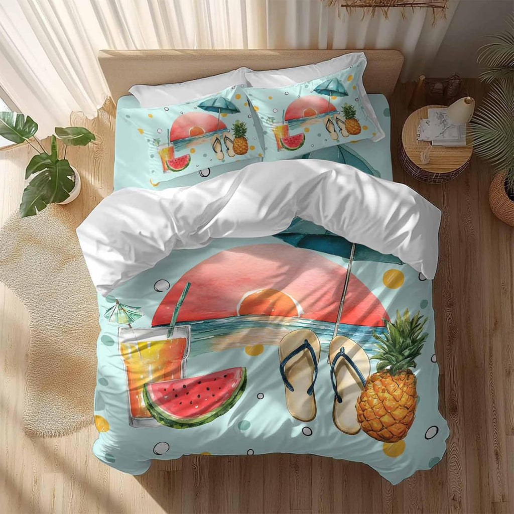 Summer Beach Duvet Cover Set Queen Size 4 Pieces Watermelon Pineapple Umbrella Polka Dot Blue Bedding Set with Zipper Closure, 1 Comforter Cover 90x92 Inches 1 Flat Sheet & 2 Pillow Cases