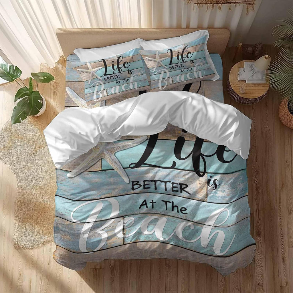 Life Is Duvet Cover Set Queen Size 4 Pieces Better at The Beach Summer Starfish Teal Wood Grain Bedding Set with Zipper Closure, 1 Comforter Cover 90x92 Inches 1 Flat Sheet & 2 Pillow Cases