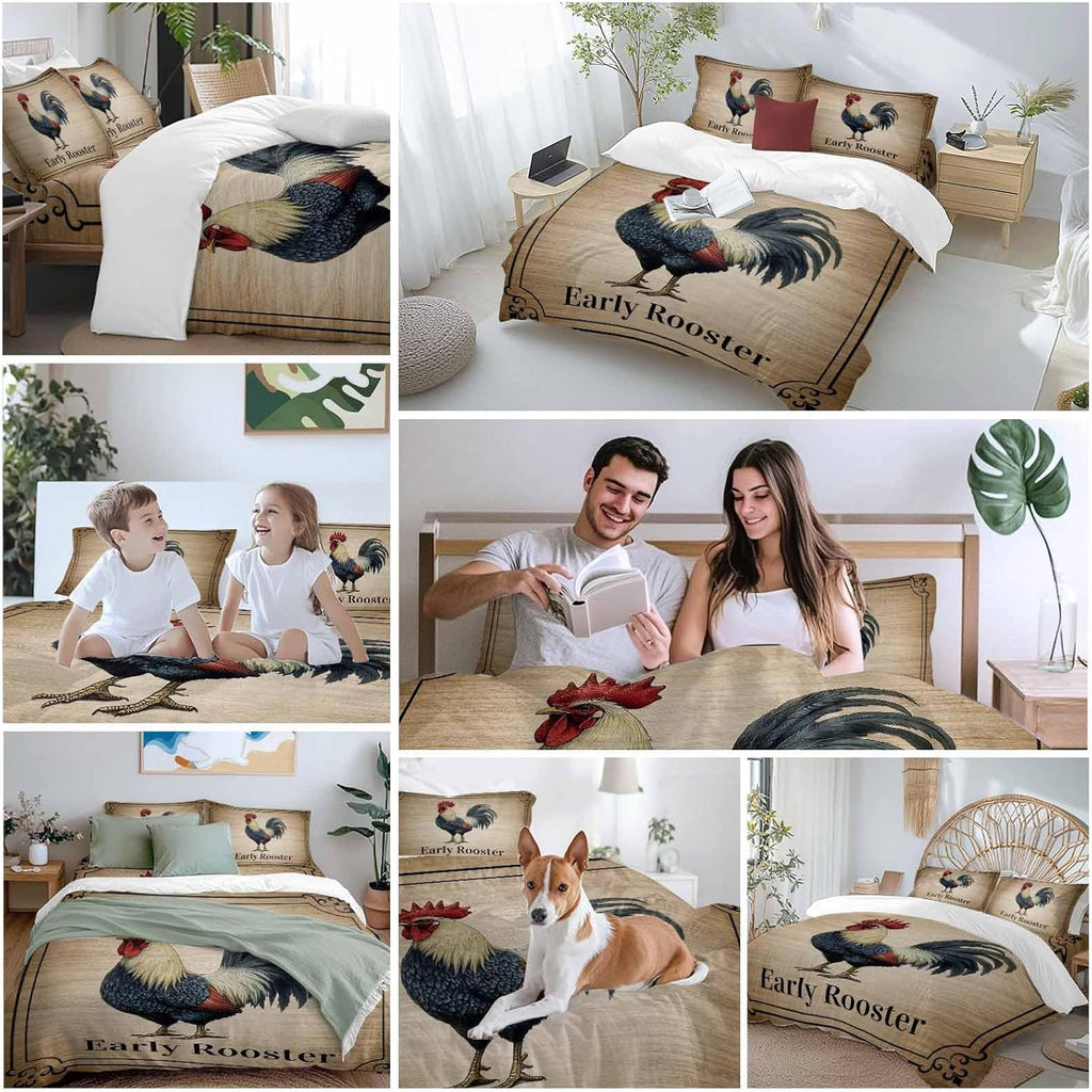 Prime Leader Farmhouse Duvet Cover Set Queen Size 4 Pieces Early Rooster Animals Wood Grain Retro Border Bedding Set with Zipper Closure, 1 Comforter Cover 86x86 Inches 1 Flat Sheet & 2 Pillow Cases